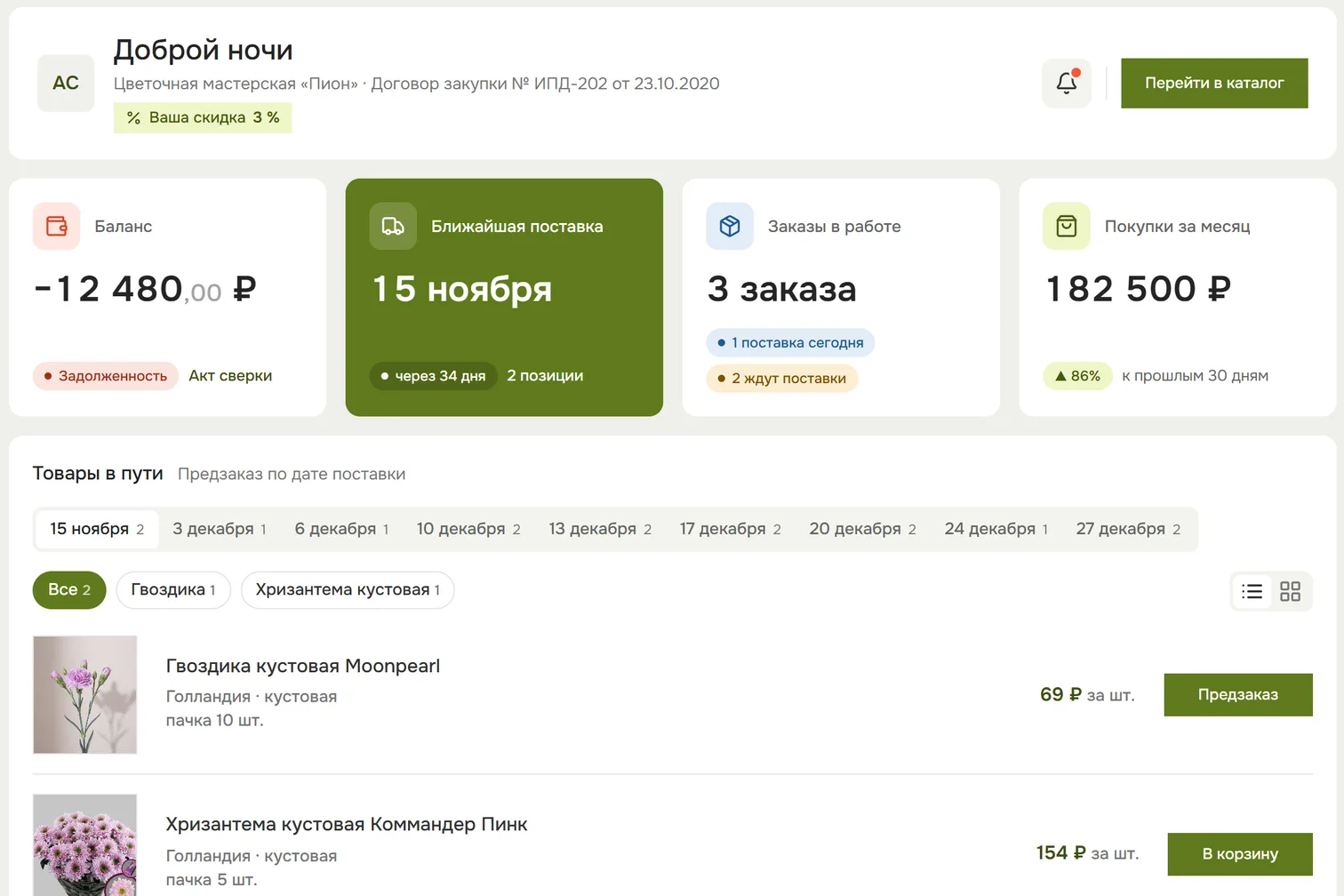 Кабинет покупателя: баланс, ближайшая поставка, заказы в работе, товары в пути